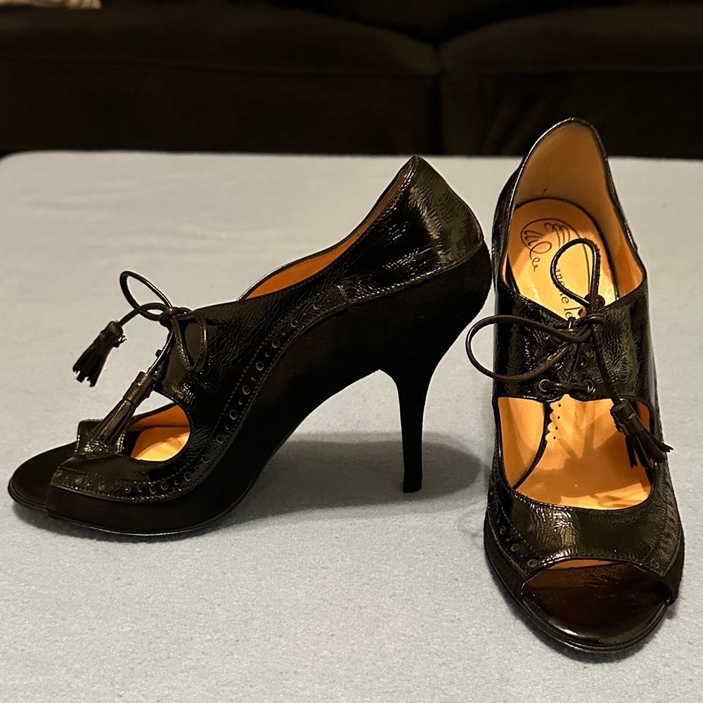 Nanette Lepore 8.5 women’s Black Peep-Toe Heels with Tassel Black Leather Italy